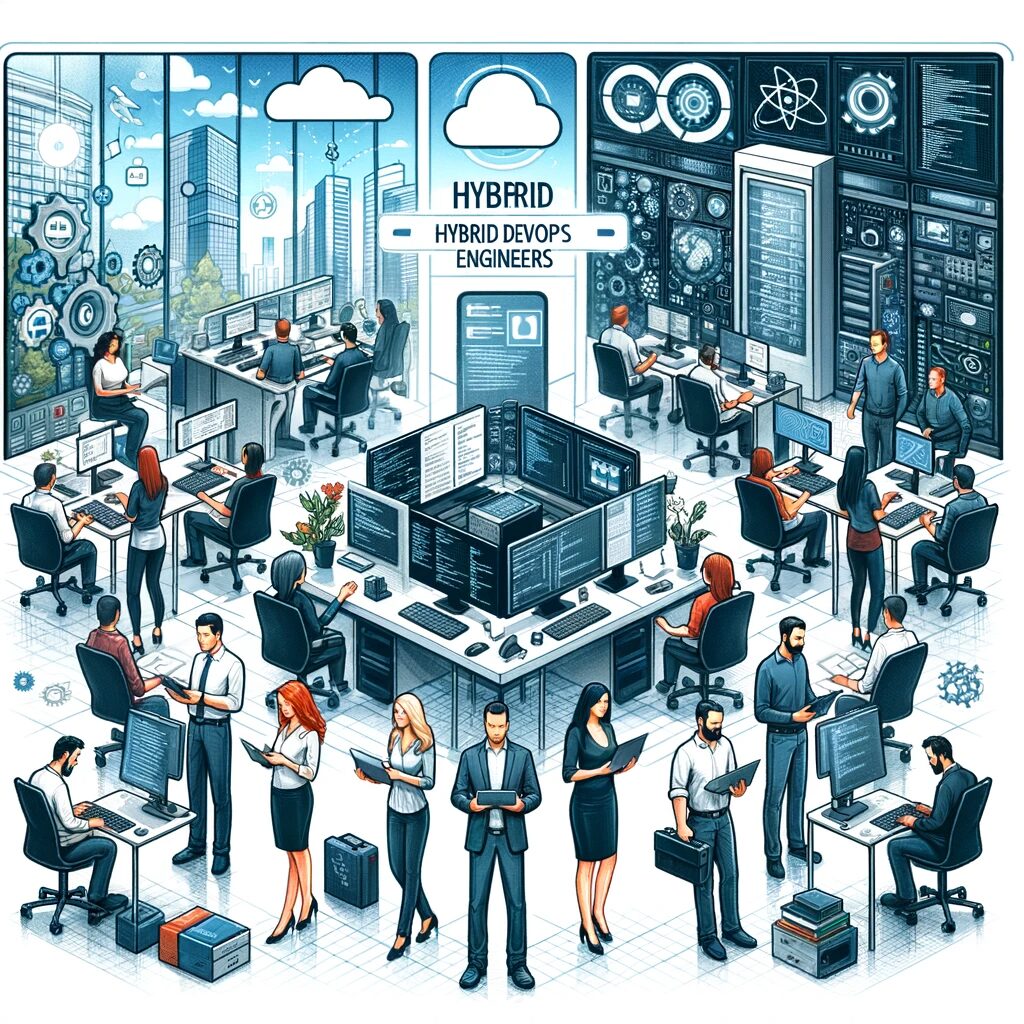 Hybrid DevOps Engineers'. The image should depict a modern, high-tech environment, symbolizing the intersection